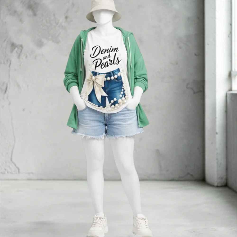 New “Denim and Pearls@ Graphic Tee - White - Picture 6 of 13
